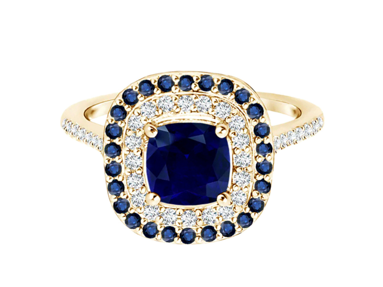 Cushion Natural Blue Sapphire Halo Ring In Sterling Silver 