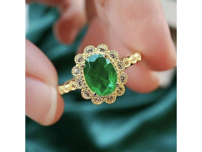 Green Emerald Oval Cut Halo Sterling Silver Wedding Ring