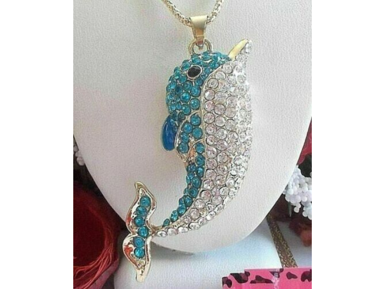 Gold Plated Round Cut Blue American Diamond Dolphin Silver Pendant (Sterling Silver)