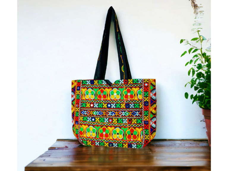 Handmade Rajasthani Double-Sided Embroidery Black Regular Tote Bag HB - 7011