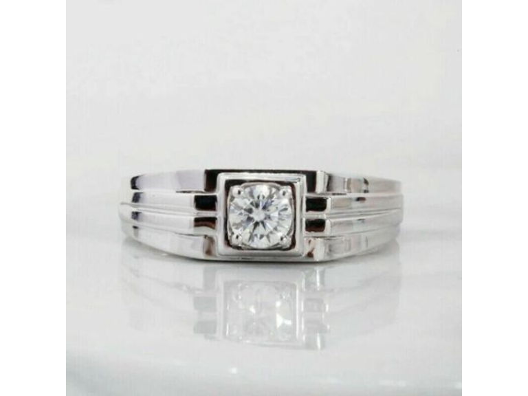 Round Cut Cubic Zirconic Diamond Solitaire Sterling Silver Mens Ring