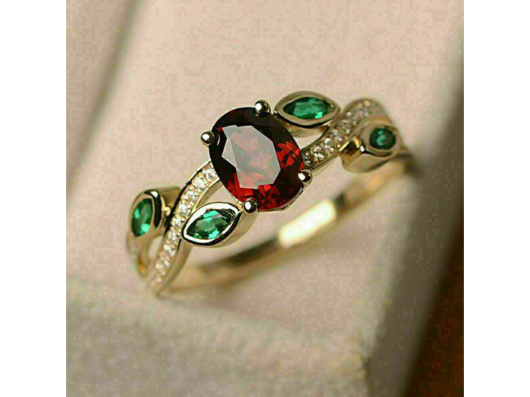 Sterling Silver Ring with Oval Cut Red Garnet Solitaire American Diamond for Wedding Engagement
