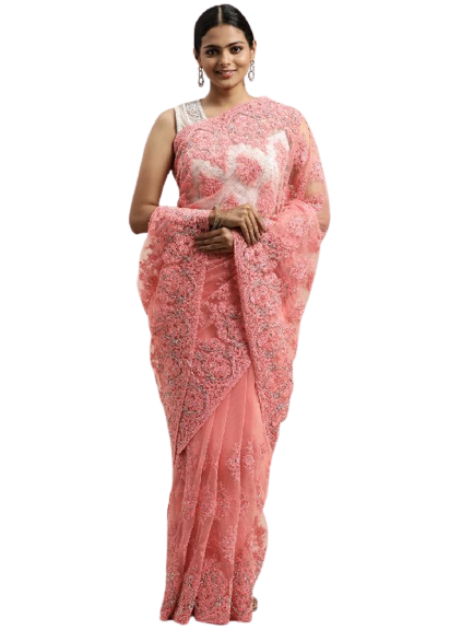 957 Net Pink Embroidered Saree