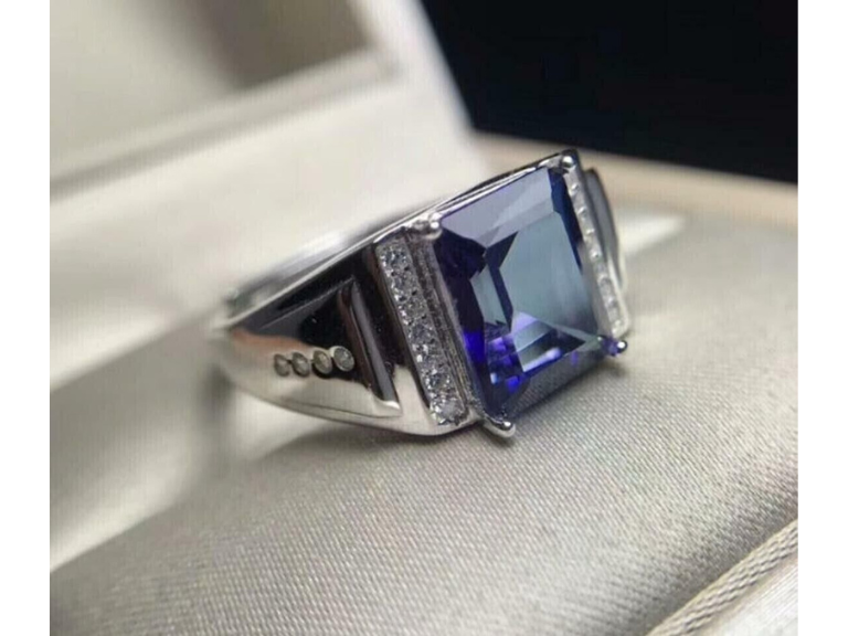 Blue Sapphire American Diamond Mens Ring